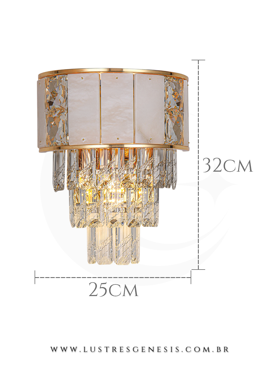 Arandela de Parede Minimalista Dourada Cristal Transparente 25cm, Sala de Estar, Cabeceira, Banheiro, Lavabo, Hall, Suite Master